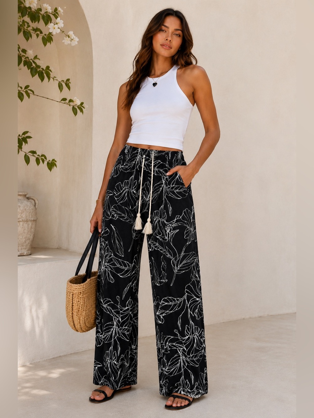 Calypso St.‎ Barth Black White Tropical Leaf Linen Cotton Wide Leg Resort Pants